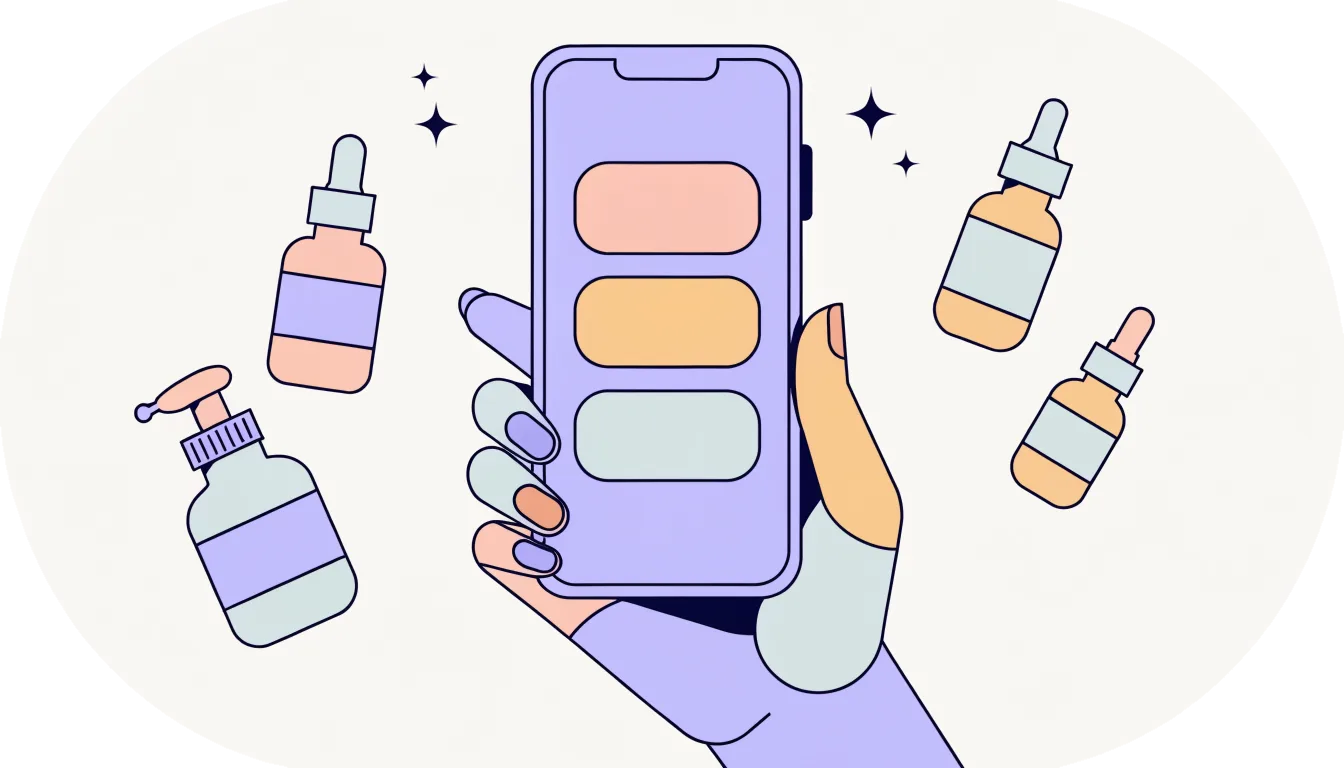 Main tenant un téléphone qui affiche les réponses du diagnostic, entouré de flacons