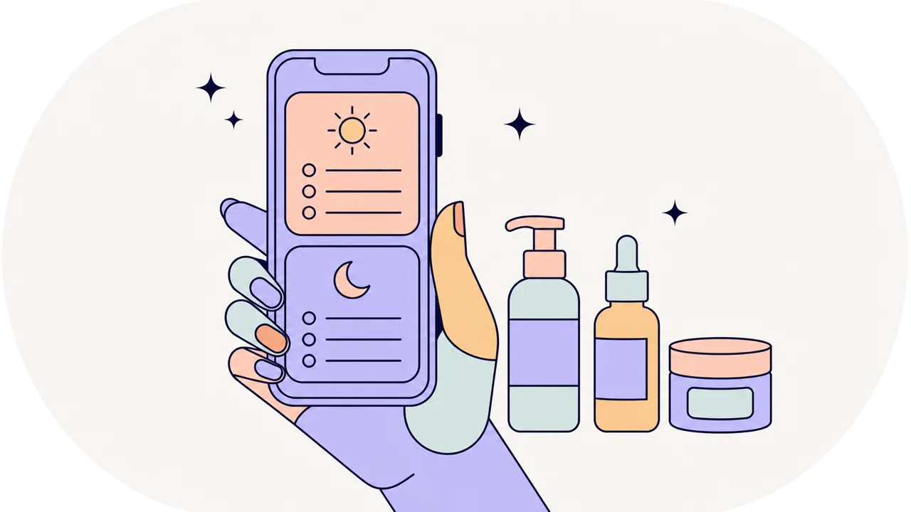 Téléphone affichant une routine du matin et du soir, à côté de trois produits