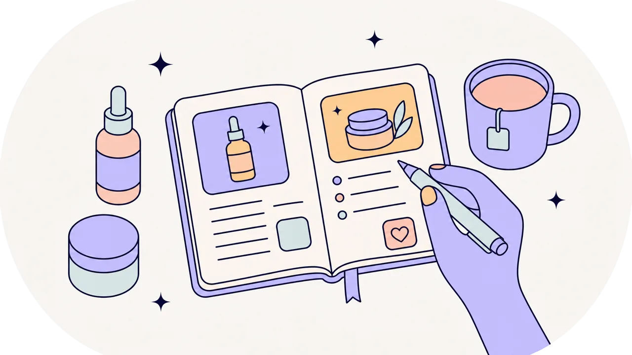 Carnet ouvert, sérum, pot de crème et tasse de thé, une main tenant un stylo
