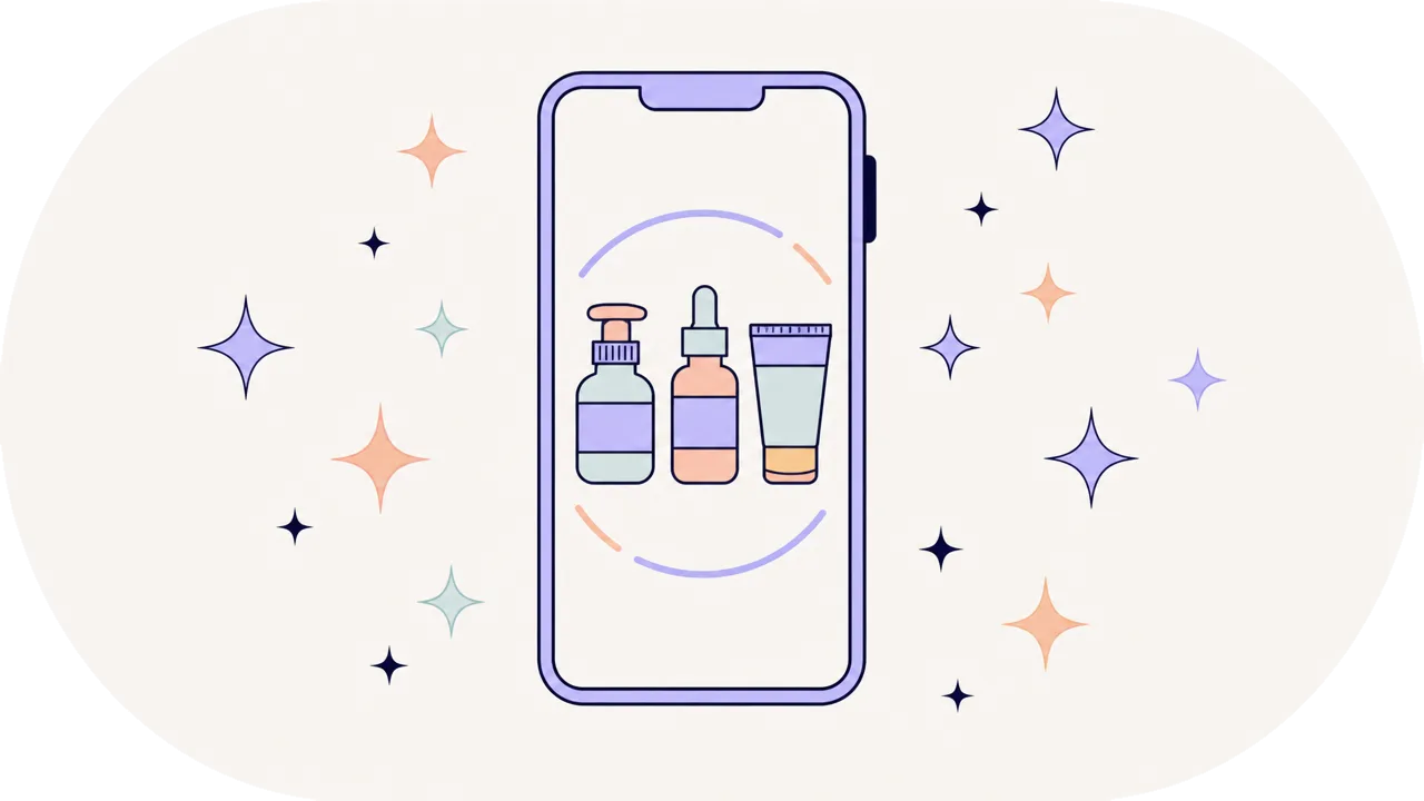Téléphone où trois produits de soin apparaissent au milieu d’étincelles