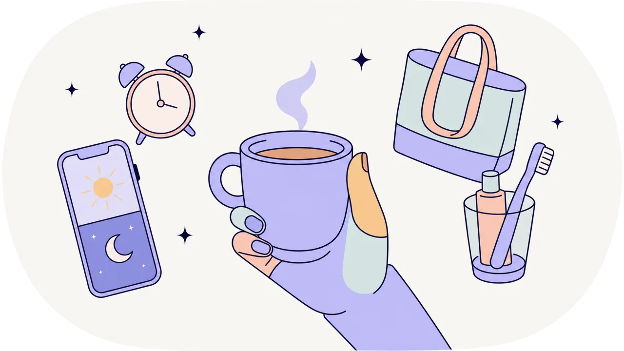 Tasse de café, réveil et téléphone entre soleil et lune