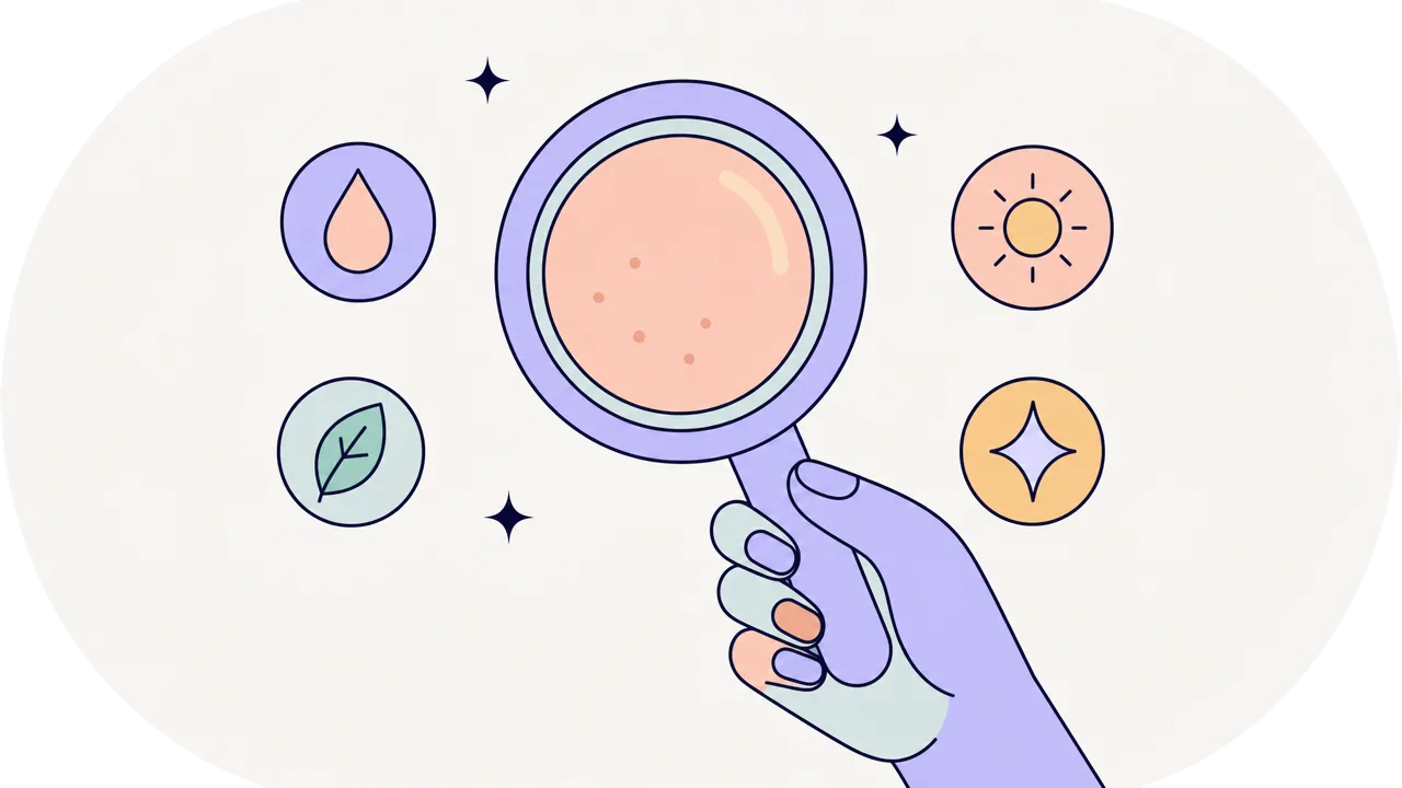 Main tenant une loupe posée sur la peau, entourée de pictogrammes