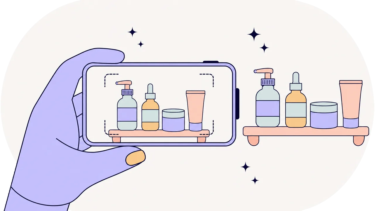 Main qui photographie une étagère de produits de soin avec son téléphone